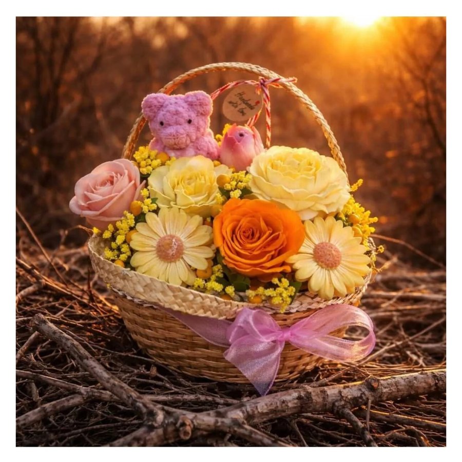 Aranjament floral victiny din ceara de soia, trandafiri si margarete, cosuri din paie si iuta