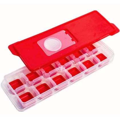 Cutie de Silicon cu Capac din Plastic Rosu pentru 12 Cuburi de Gheata