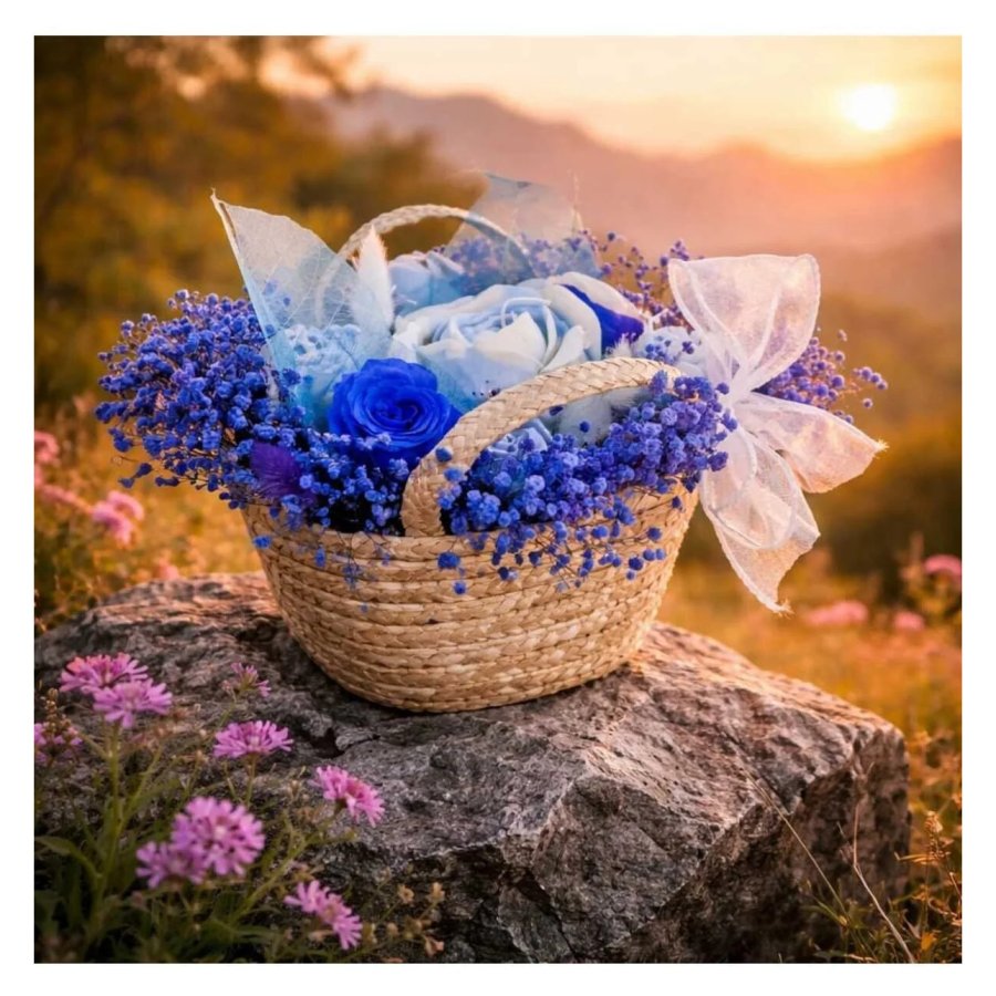 Aranjament floral VICTINY® din ceara de soia parfumata cu trandafiri, cos din paie