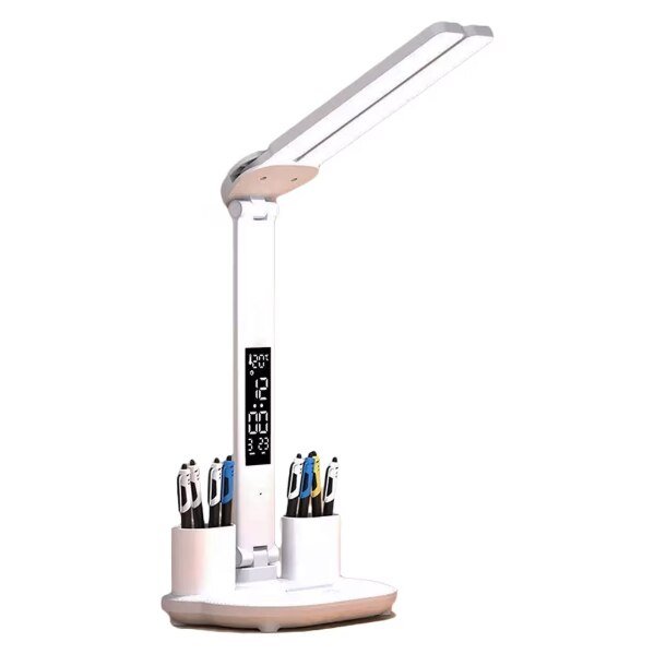 Lampa de birou LED VICTINY® cu suport stilou, temperatura, ora, data, 3 moduri si 5 intensitati, pliabila, no flicker, protectie ochi, 3200 mAh, Incarcare USB, alb