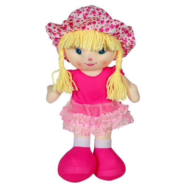 Papusa Textila cu Par Blond & Rochie Fucsia 32cm