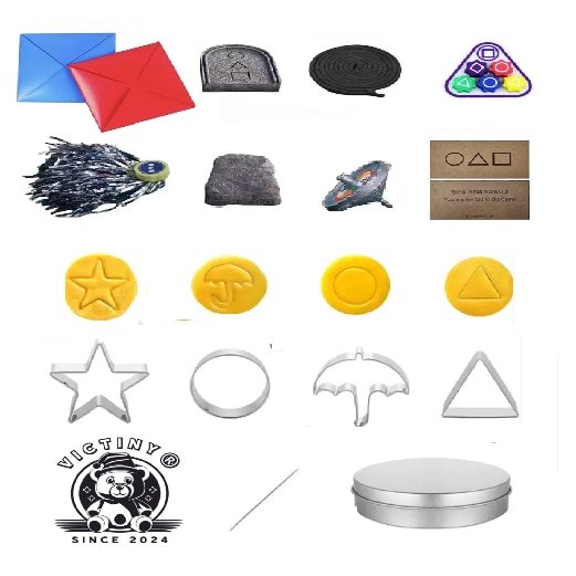 Set 9 jocuri interactive Squid Game VICTINY ® gong-ji / jebi kicks / biseokchiji / paeng-y / ddakji / dalgona 4 forme /reteta dalgona /cutie metalica / ac ustesila