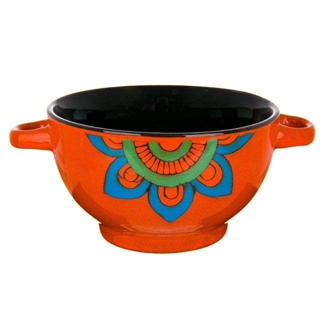 Bol din Portelan Portocaliu cu Model Mandala & Manere 650ml