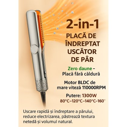 Placa de par 2 in 1 cu aer cald & aer rece – uscare + indreptare, ionizare anti‑frizz, temperatura reglabila, afisaj digital, fixare rapida, protectie termica, efect profesional salon