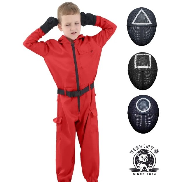 Set 4 costum si 3 masti pentru copii, Jocul Calamarului, masca cerc /triunghi/patrat, costum marimea 10-12 ani, rosu, centura inclusa si manusi 140 cm- 150 cm