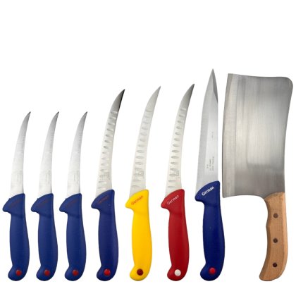 Set de cutite de macelar, 8 piese, 1 masat magnetic 42cm, 1 satar oase 37cm, 4 cutite dezosat 28 cm, 2 cutite filetat 32-34cm