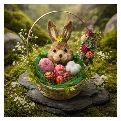 Aranjament decorativ de Paste, victiny, figurine iepure si oua din lemn, cu lumanare parfumata, flori uscate
