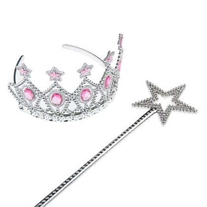 Set Bagheta & Tiara Argintie cu Pietre Roz