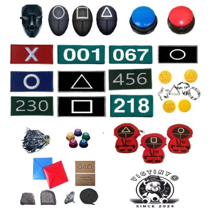 Set 28 accesorii jocuri interactive Squid Game VICTINY ® gong-ji / jebi kicks / biseokchiji / paeng-y / ddakji / dalgona 4 forme ( in descriere este continut pachet)
