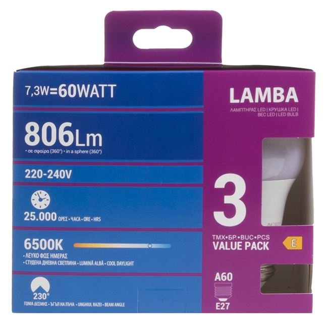 Becuri LED E27 7.3W (A60) Lumina Alba De Zi - 3buc
