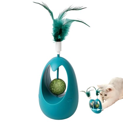 Jucarie interactiva pentru pisici, Omelivon, Rotire 360°, cu Pene, Bile de catnip pentru pisici, Stimuleaza Instinctul Natural, Material Durabil si Rezistent, ABS, verde
