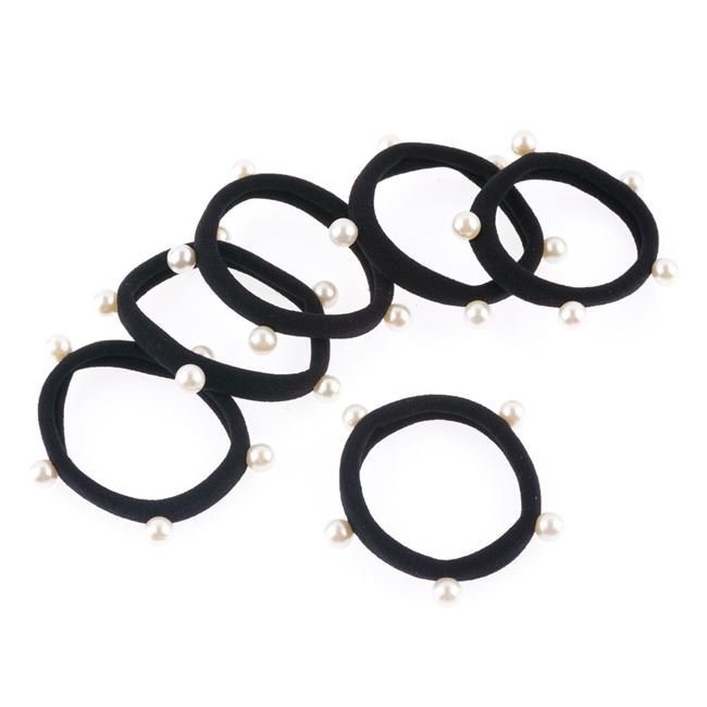 Elastice Par Frotte Negre cu Margele Albe pentru Femei - 6buc