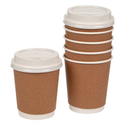 Pahare de Carton Maro Kraft & Capac Alb 300ml - 10buc