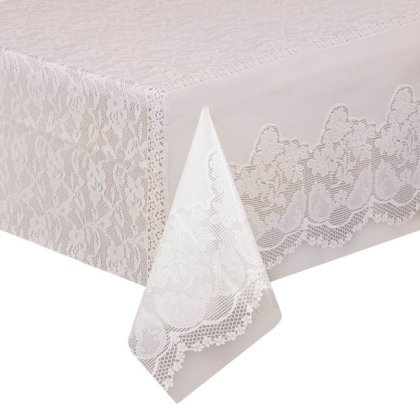 Fata de Masa din Plastic Transparenta cu Model Dantela Alba 137x274cm
