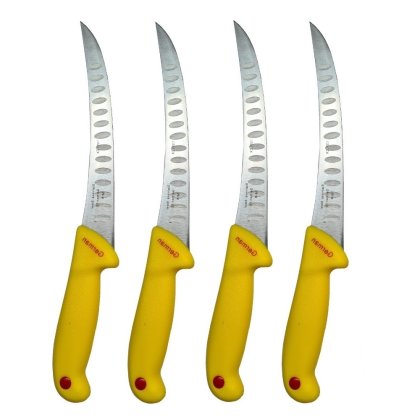 Set Profesional pentru macelarie format din 4 cutite filetat, lama curbata cu alveole, otel inoxidabil, Galben