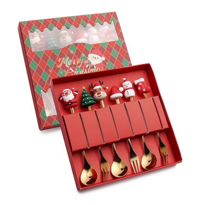 Set tacamuri de Craciun din inox, 3 linguri si 3 furculite, design festiv, multicolor