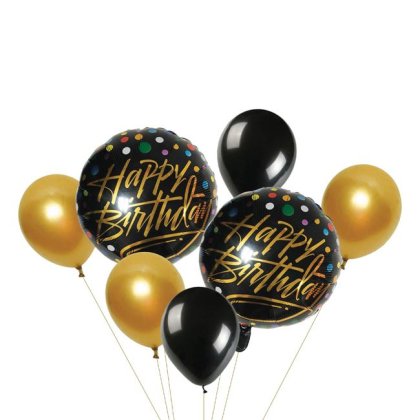 Baloane din Folie de Petrecere Happy Birthday Negre Aurii 7buc