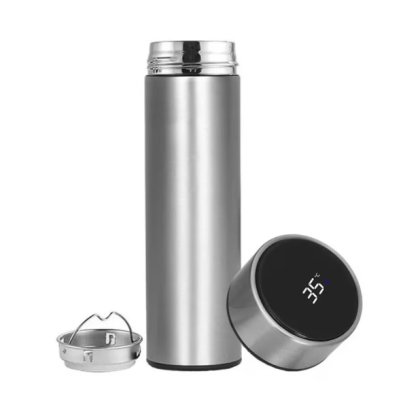 Termos smart VICTINY® argintiu cu indicator de temperatura, din otel inoxidabil, 500 ml, ecran tactil, sita infuzor, perete dublu, capac antiscurgere