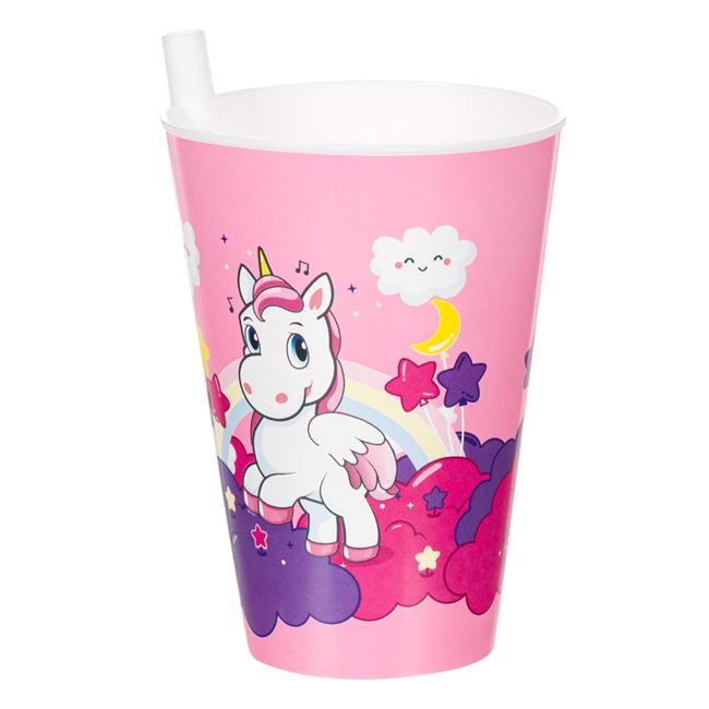 Pahar din Plastic cu Pai Incorporat Roz Unicorn 400ml