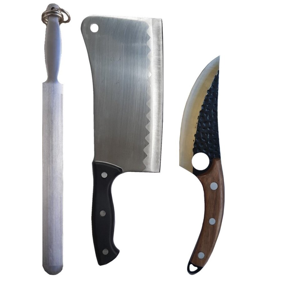 Set Profesional pentru macelarie format din Satar 800g, pila pentru ascutit si Cutit universal 27 cm Full Tang