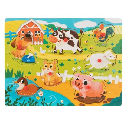 Puzzle Incastru din Lemn Animale Ferma (7 piese) - 30x22.5cm