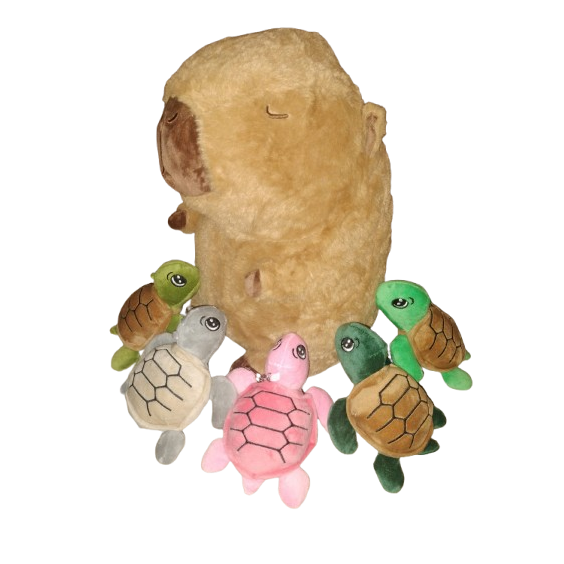 Jucarie de plus Capibara cu 2 broscute testoate VICTINY® maro/multicolor, 35 cm /12 cm / 12 cm