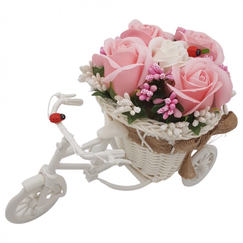 Aranjament Floral Bicicleta cu Trandafiri din sapun roz cu alb 22 x 15 x 12 cm