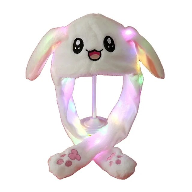 Caciulita pentru copii cu urechi de iepuras mobile si luminoase, plus, Led, 50×30cm, Alb
