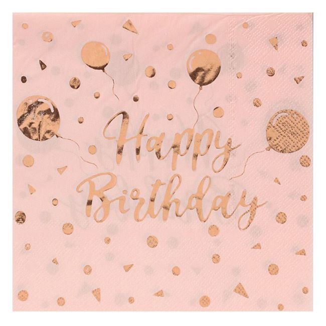 Servetele de Masa de Petrecere cu 2 Straturi Roz Aurii Baloane din Folie Happy Birhtday 33x33cm - 12buc