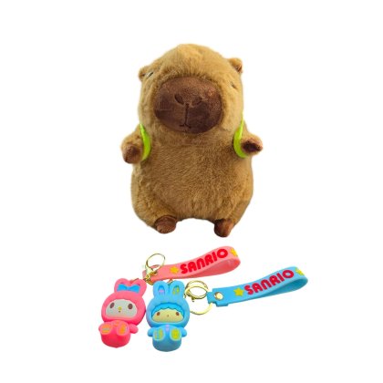 Jucarie plus capibara cu ghiozdan broscuta detasabil 30 cm, plus 2 brelocuri