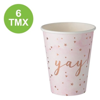 Pahare din Carton Roz cu Folie Aurie ”Yay” 360ml - 6buc