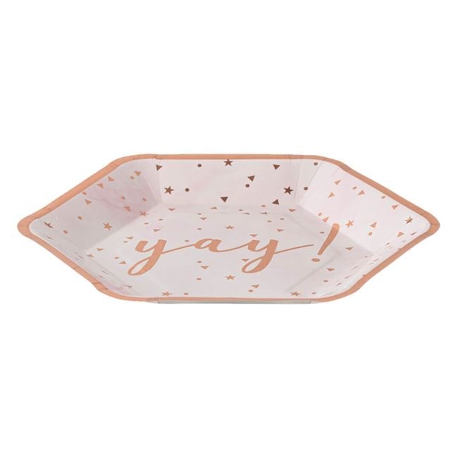 Farfurii din Carton Albe Hexagonale Folie Roz Aurie 'Yay' 18cm - 6buc