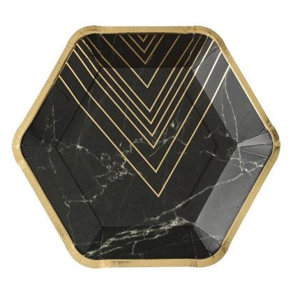 Farfurii de Carton Negre Marble cu Folie Aurie 18cm - 6buc