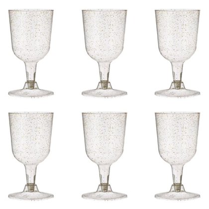 Set Pahare Reutilizabile cu Picior din Plastic & Glitter Auriu pentru Vin 180ml - 6buc