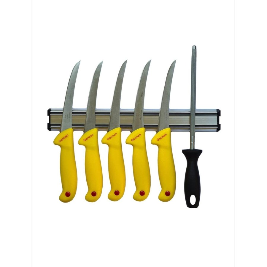 Set Profesional pentru macelarie, 5 Cutite dezosat, maner Galben, Masat rotund si Suport magnetic, otel inoxidabil ct0031