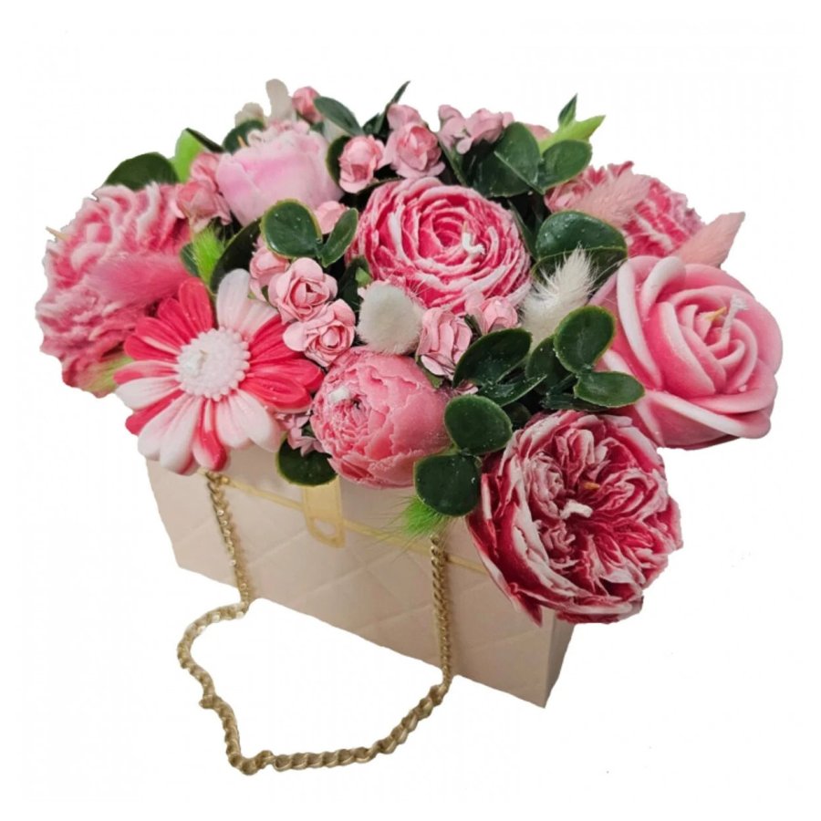 Aranjament floral din ceara in cutie geanta, victiny, natural 100%, parfumat