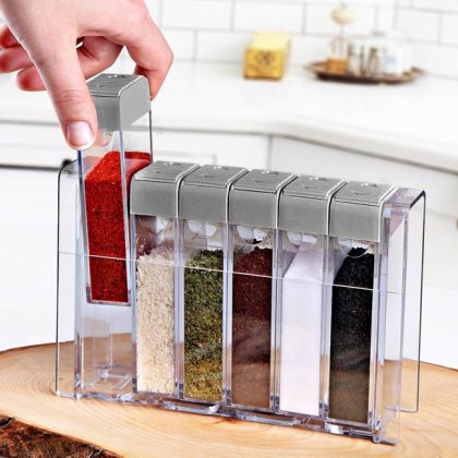 Set Recipiente pentru Condimente din Plastic Transparente Capac Gri - 6buc
