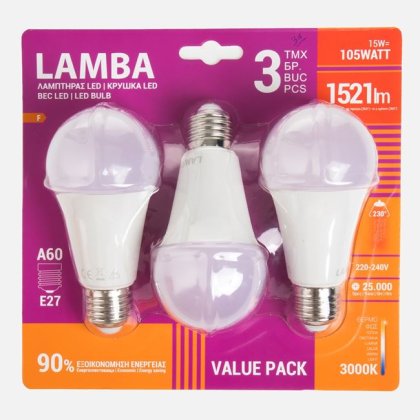 Becuri LED E27 15W (A60) 3buc - Lumina Alba Calda