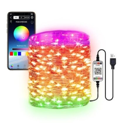 Instalatie de Craciun, Shop Like A Pro®, smart cu 200 leduri RGB si control bluetooth prin aplicatie, 20 m