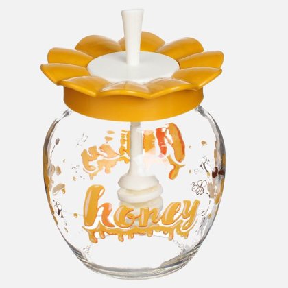 Recipient din Sticla cu Capac Floare Galbena & Lingura pentru Miere 370ml