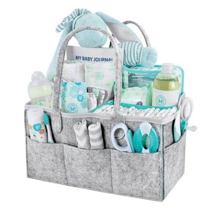 Geanta Mamica pentru Produse Cosmetice Bebe cu Buzunare & Manere din Pasla Gri 33x23x18cm