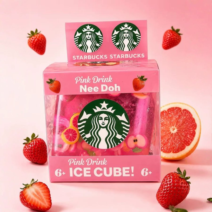 Jucarie antistres NEEDOH Strawberry Acai Lemonade, cub de gheata transparent cu umplutura realista de fructe, gel moale cu revenire lenta si carcasa TPR elastica, Roz, 1 buc