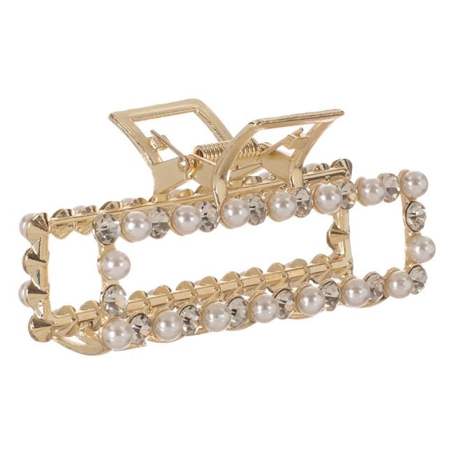 Clama Par de Culoare Aurie cu Margele Albe & Strass 9cm