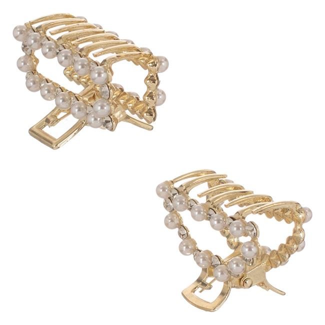 Clama Par de Culoare Aurie cu Margele Albe & Strass 5cm - 2buc