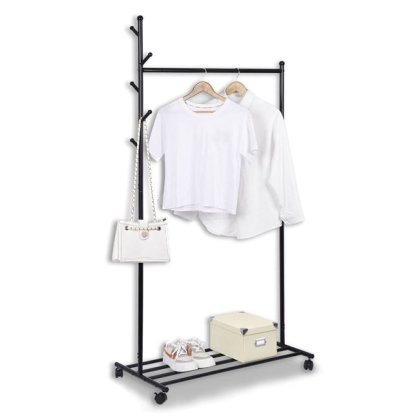 Cuier Stender Metalic cu Raft & Roti pentru Haine 84x44x170cm