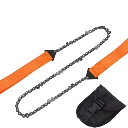 Mini fierastrau de buzunar, VICTINY®, tip lant, ideal pentru drumetii/camping, lungime lant 65 cm, totala 103 cm, din otel cu 11 dinti, manere portocalii