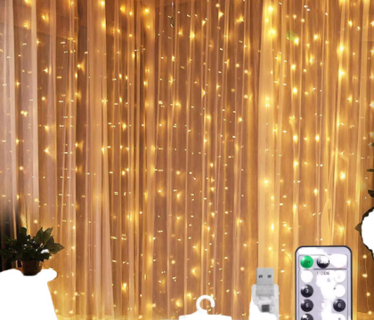 Lumini Perdea USB 300 LED-uri, 3x3m cu Telecomanda, si cu carlige perdea . Alb cald