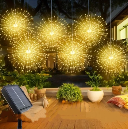 Lumini de artificii 450 LED pentru exterior, lumini cu telecomandă, solar alb cald