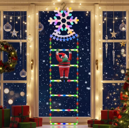 Decoratiune Casa Mos Craciun Catarator Pe Scara , Lumina LED , Conectare La Priza Multicolor