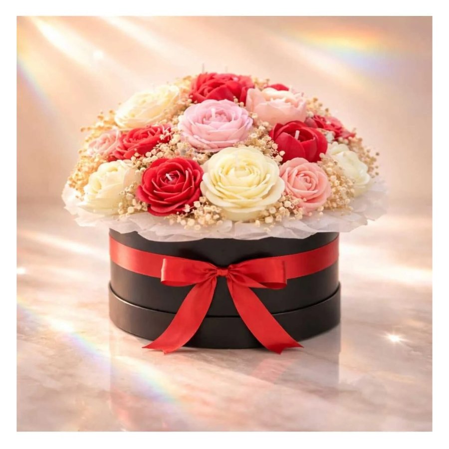 Aranjament floral VICTINY® din flori de ceara parfumate cu soia si flori naturale uscate, ambalaj cutie
